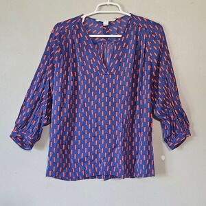 Diane von Furstenberg DVF Blue Orange Silk Geometric V-Neck Blouse Size 6